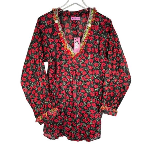 NEW! Dolly's D-Lite Custom Long Sleeve V Neck Micro Mini Dress L Floral Fringe - Picture 2 of 12